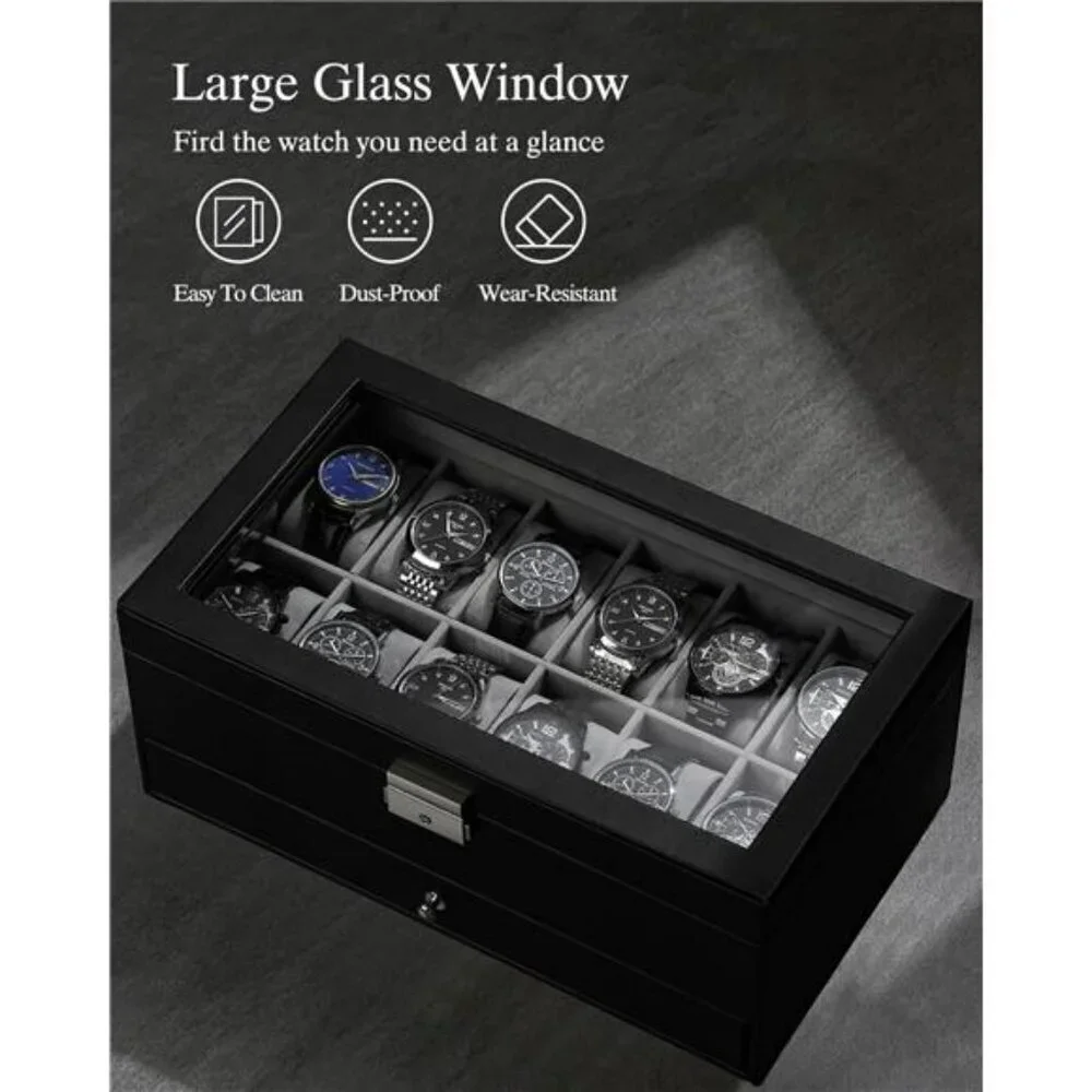 Watch Box Organizer 12 Slot Glass Lid Leather Jewelry Case for Men Women